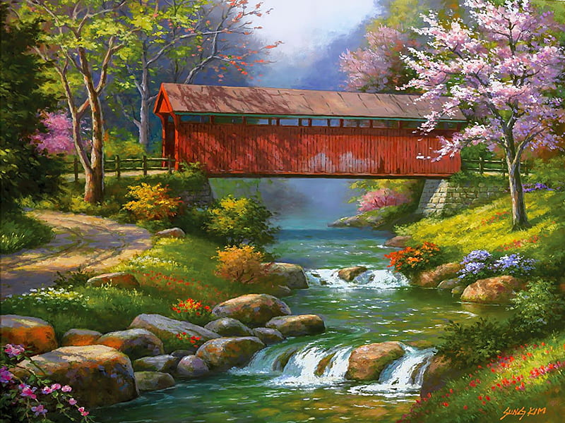 Rocky river bridge, stream, art, rocky, covered, bonito, spring, creek, bridge, river, blooms, HD wallpaper