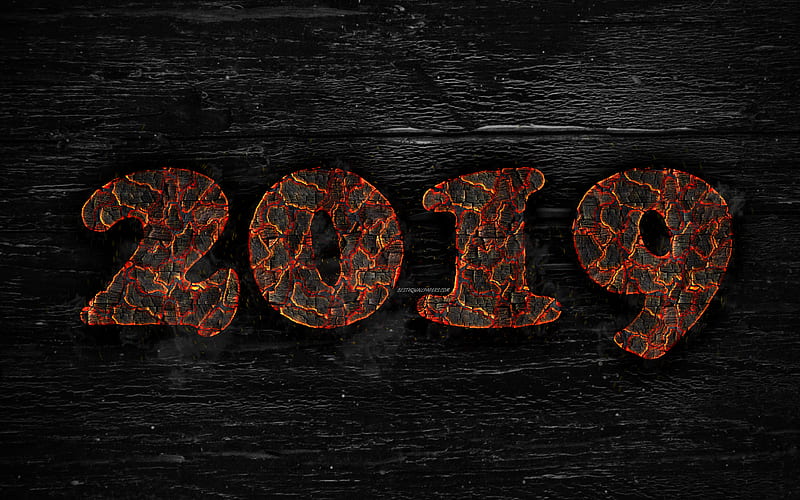 2019 year fiery letters, artwork, 2019 concepts, wooden texture, creative, Happy New Year 2019, HD wallpaper