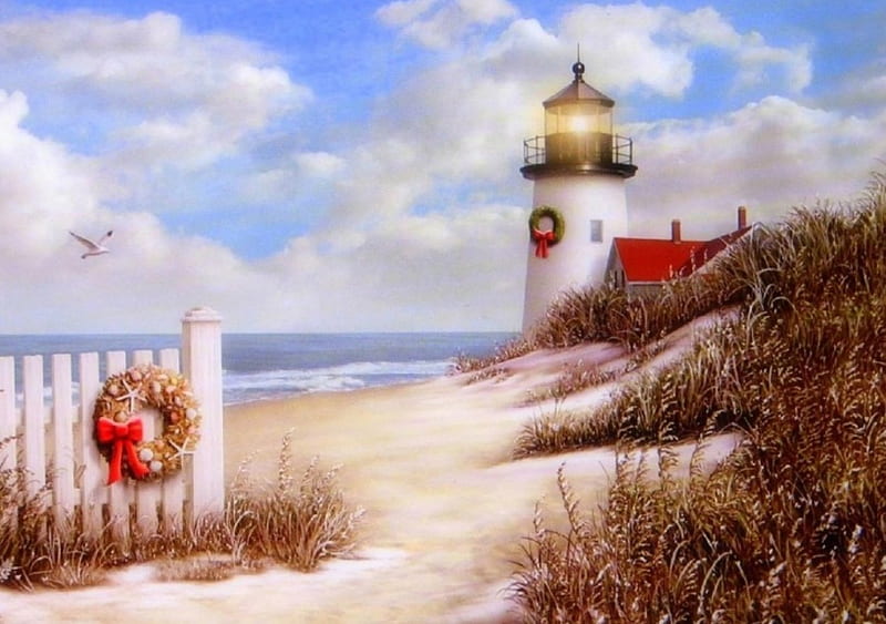 Peaceful Shore, Christmas, wreath, love four seasons, attractions in dreams, xmas and new year, greetings, paintings, beaches, lighthouses, HD wallpaper