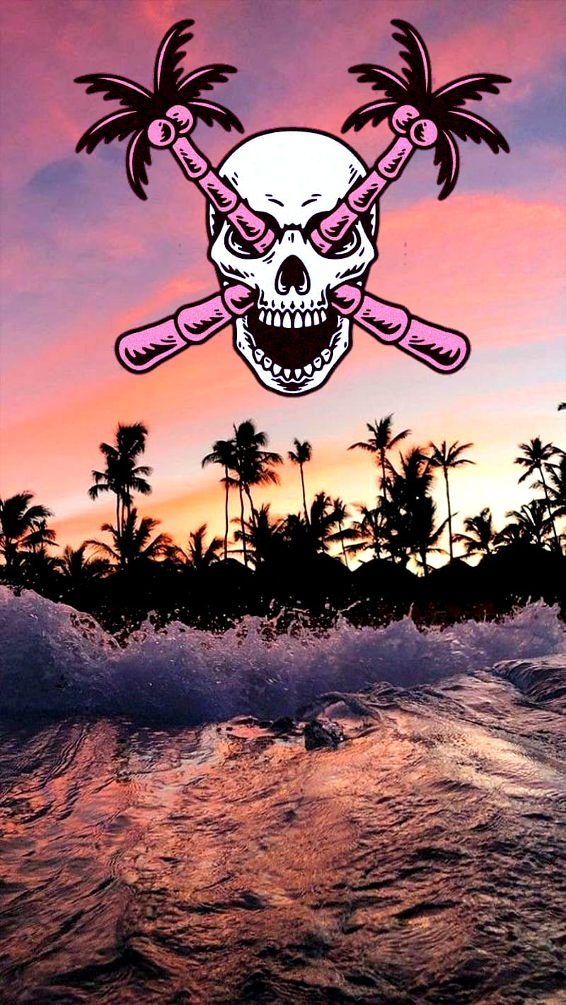 Pink palms, beach, no ight, palm tree, skeleton, skull, summer, sunset, water, waves, HD phone wallpaper