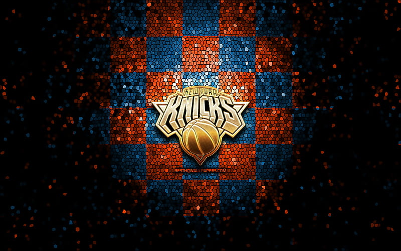 New York Knicks, glitter logo, NBA, orange blue checkered background, USA, canadian basketball team, New York Knicks logo, mosaic art, basketball, America, NY Knicks, HD wallpaper