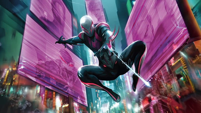 Spider Man 2099 Battling Crime In The City, spiderman-2099, spiderman, superheroes, artwork, digital-art, HD wallpaper