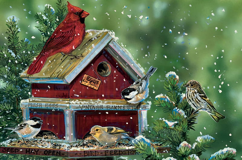 Bird Feed Store F1, art, feeder, Cardinal, Chickadee, songbirds, Sparrow, artwork, animal, winter, bird, snow, Goldfinch, avian, painting, wide screen, wildlife, HD wallpaper