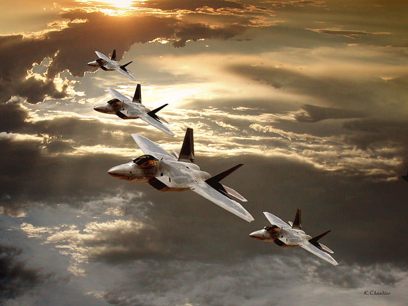 Four F-22 Raptor, aircraft, plane, airplane, military, raptor, sky, HD wallpaper