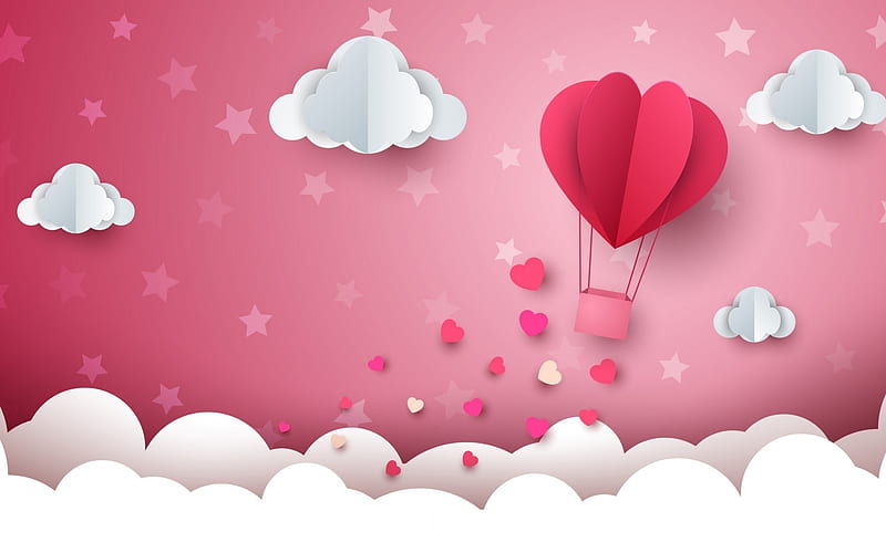 Happy Valentine's Day!, cloud, valentine, creative, air balloon, fantasy, heart, texture, paper, pink, white, HD wallpaper