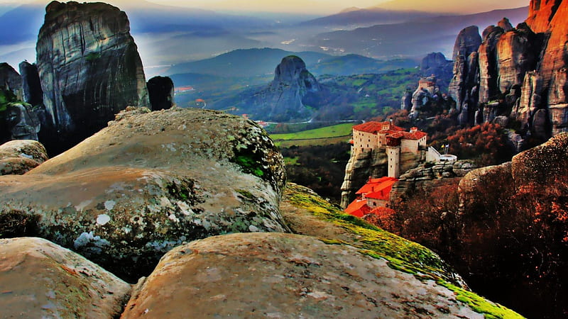 wondrous meteora monastery greece r, rocks, cliffs, r, monastery, valley, HD wallpaper