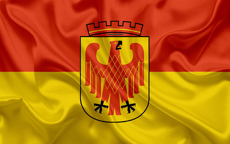 Flag of Potsdam silk texture, red yellow silk flag, coat of arms, German city, Potsdam, Brandenburg, Germany, symbols, HD wallpaper