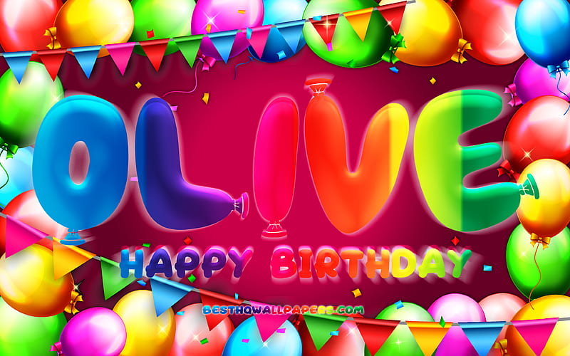 Happy Birtay Olive colorful balloon frame, Olive name, purple background, Olive Happy Birtay, Olive Birtay, popular american female names, Birtay concept, Olive, HD wallpaper