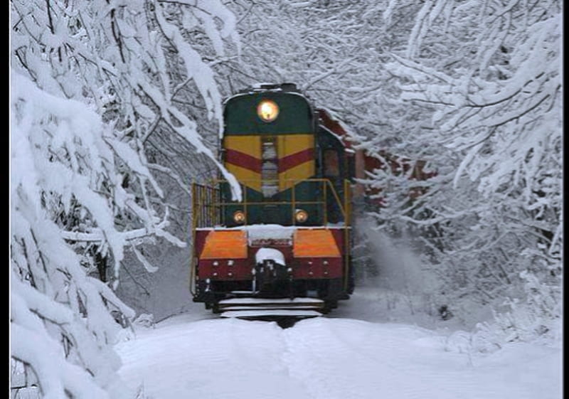 Snow Train, Yellow, Train, Black, Red, Trees, Snow, Nature, Winter, HD wallpaper