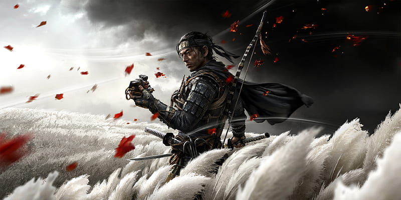 Ghost of Tsushima, red, fantasy, luminos, katana, black, samurai man, white, warrior, HD wallpaper
