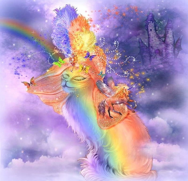 Cat in Rainbow Hat, stars, lovely, unicorn, love four seasons, bonito, rainbow, creative pre-made, digital art, cat, sweet, cute, weird things people wear, castle, butterfly designs, feathers, animals, HD wallpaper