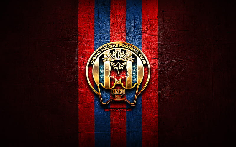 Davao Aguilas FC, golden logo, Categoria Primera A, red metal background, football, colombian football club, Davao Aguilas logo, soccer, Davao Aguilas, HD wallpaper