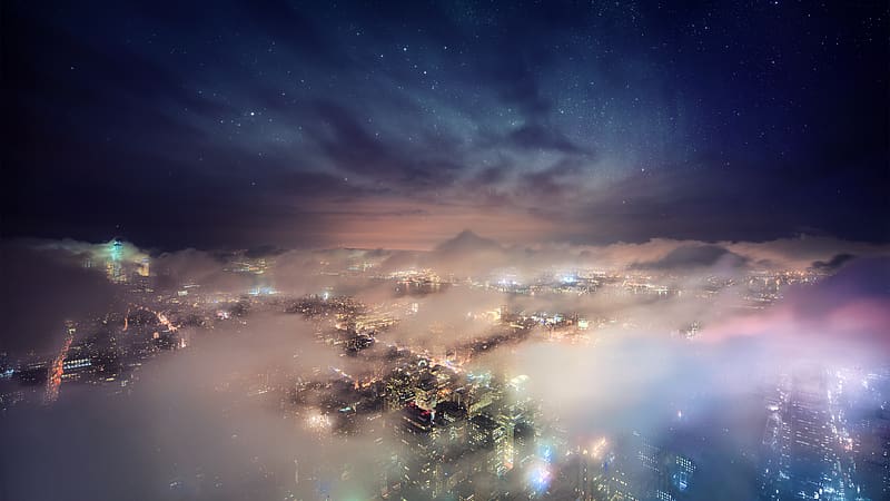 Cities, Sky, Night, Usa, City, Horizon, Light, Fog, Cityscape, New York, Aerial, HD wallpaper