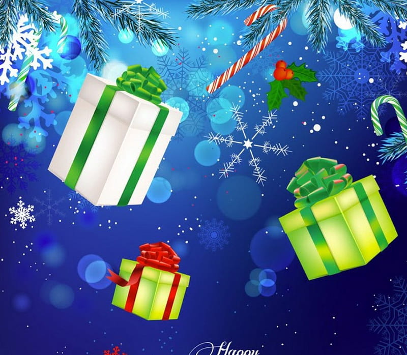 Christmas gifts, pretty, colorful, bonito, candies, nice, lovely, holiday, christmas, new year, happy new year, mood, winter, happy, merry christmas, snow, snowflakes, flying, gifts, HD wallpaper