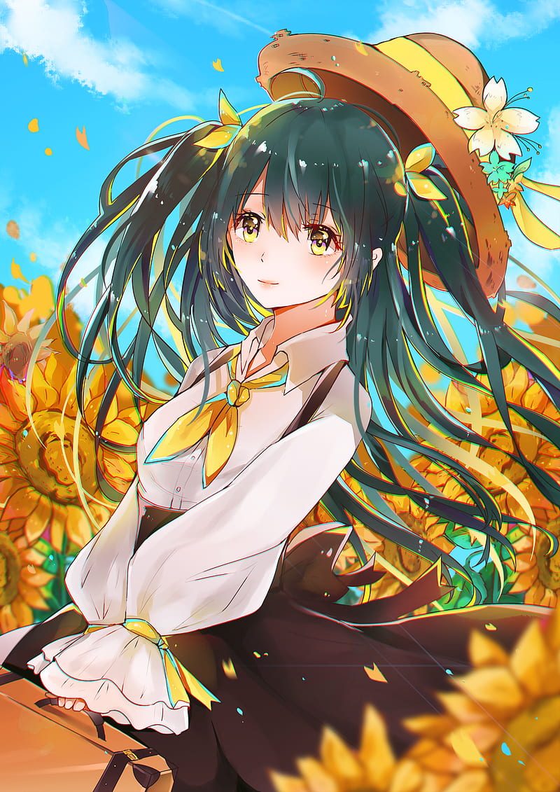 girl, hat, flowers, glance, anime, HD phone wallpaper