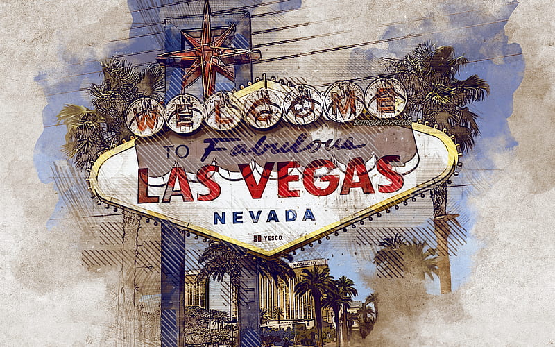 Welcome to Fabulous Las Vegas sign, Las Vegas landmark, Las Vegas, Nevada, Las Vegas sign, grunge art, creative art, painted Las Vegas sign, drawing, Las Vegas sign abstract, digital art, HD wallpaper