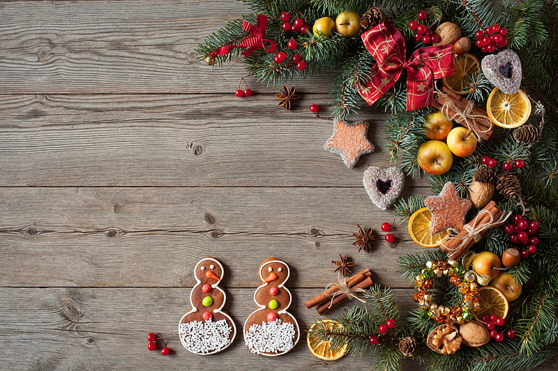 Merry Christmas!, apple, deco, craciun, christmas, snowman, card, fruit, gingerbread, wood, HD wallpaper