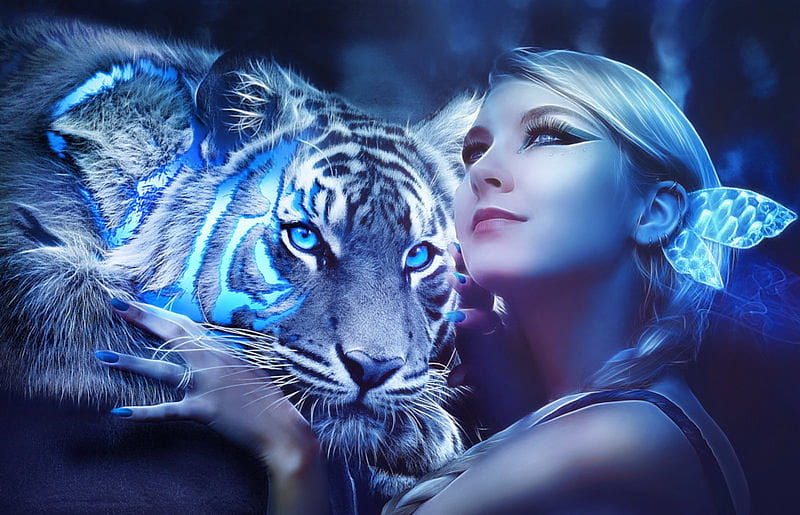 Totem, fantasy, luminos, girl, tigru, lulebel, tiger, HD wallpaper