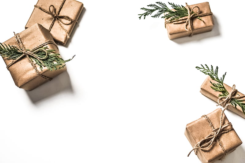 four brown gift boxes on white surface, HD wallpaper