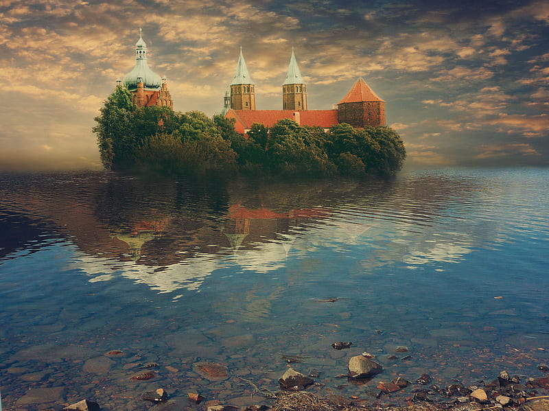 Fantasy island, water, fantasy, island, castle, HD wallpaper