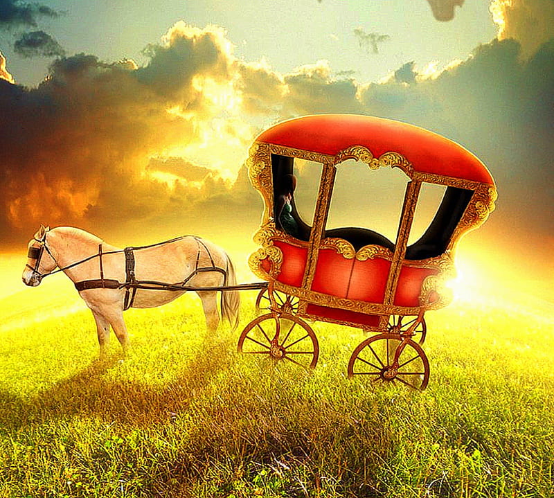 ✫Beauty of Horse Carts✫, grass, softness beauty, digital art, clouds, green, manipulation, beauty, light, animals, horse carts, lovely, colors, creative pre-made, spring, sky, horse, plants, weird things people wear, backgrounds, HD wallpaper