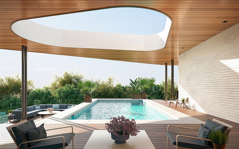 pool in the house, stylish courtyard design, pool, modern interior design, HD wallpaper