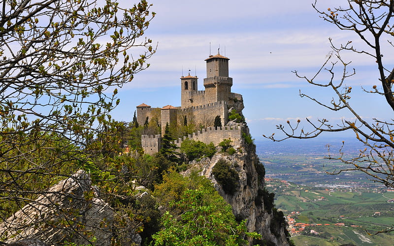 Guaita, Prima Torre, medieval castle, tower, rock, mountain landscape, San Marino, HD wallpaper