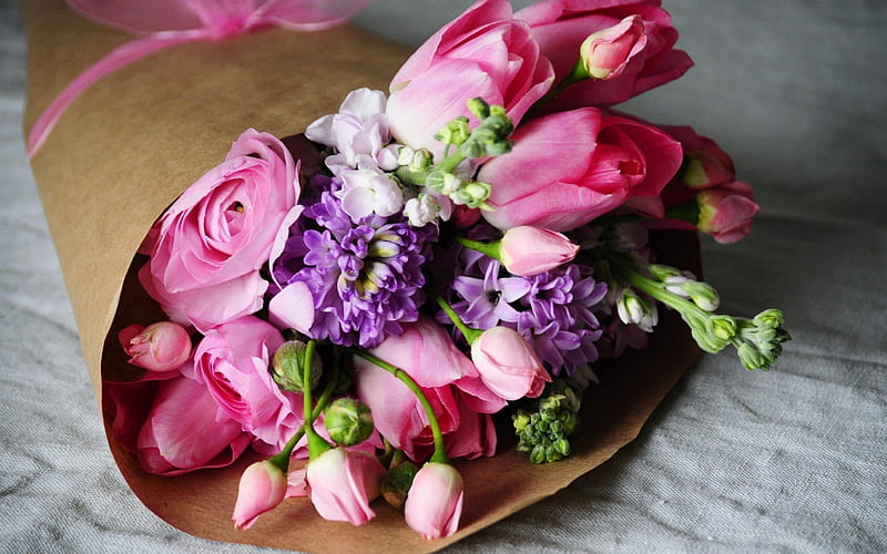 a bouquet of flowers, beautiful bouquets, pink tulips, buttercups, HD wallpaper