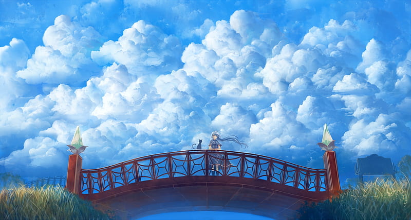 Blouse An Anime Girl In A White Is Sitting Front Of Bridge Backgrounds |  JPG Free Download - Pikbest