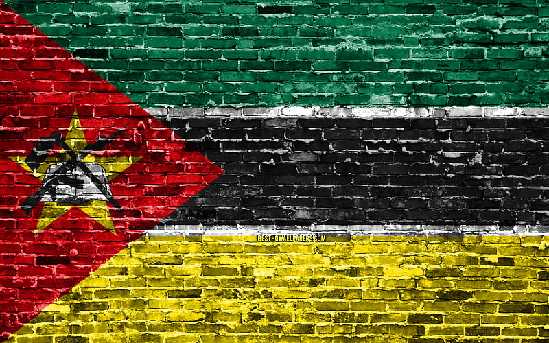 Mozambican flag, bricks texture, Africa, national symbols, Flag of Mozambique, brickwall, Mozambique 3D flag, African countries, Mozambique, HD wallpaper