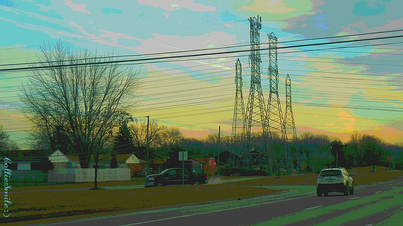 Power Lines & Stop Sign, traffic signals nSigns, wires, power lines, stop sign, pastels, pastel colors, trees, HD wallpaper