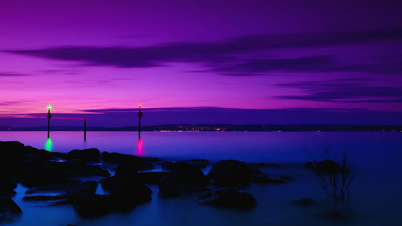 lake constance in switzerland at night, piers, colors, lake, lights, night, HD wallpaper