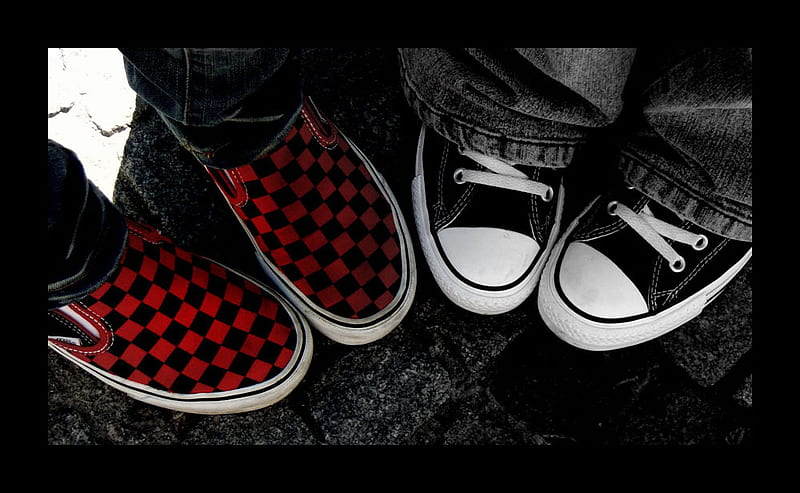 Vans And Chucks, red, graphy, converse, black and white, vans, chucks, abstract, shoes, HD wallpaper