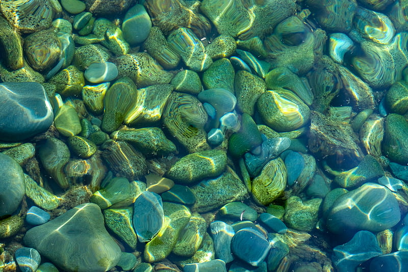 stones, pebbles, water, glare, distortion, HD wallpaper