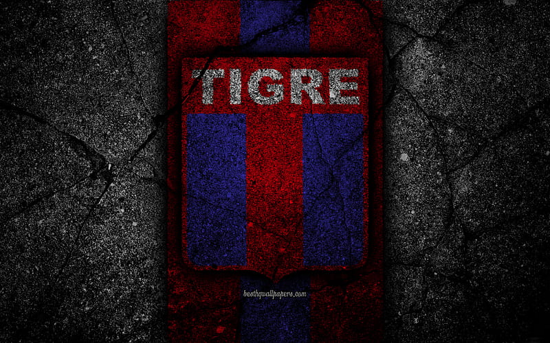 Tigre FC, logo, Superliga, AAAJ, black stone, Argentina, soccer, tiger, football club, asphalt texture, FC Tigre, HD wallpaper