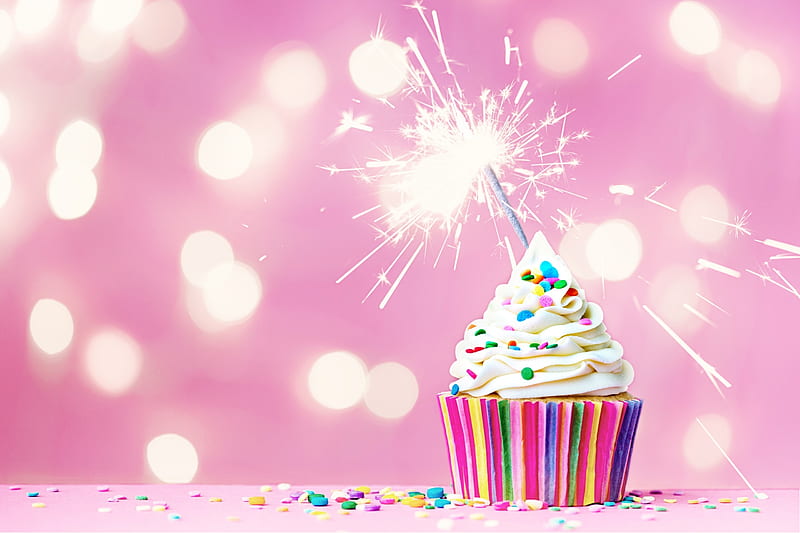 Cupcake, pink, fireworks, bokeh, food, dessert, sweet, HD wallpaper
