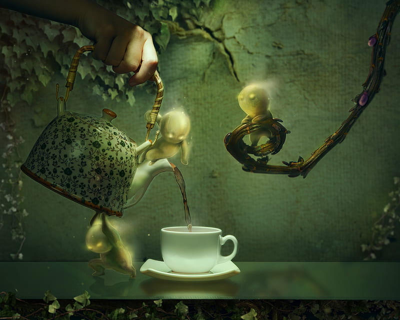 :-), teapot, spirit, fantasy, green, ghost, cup, hand, HD wallpaper