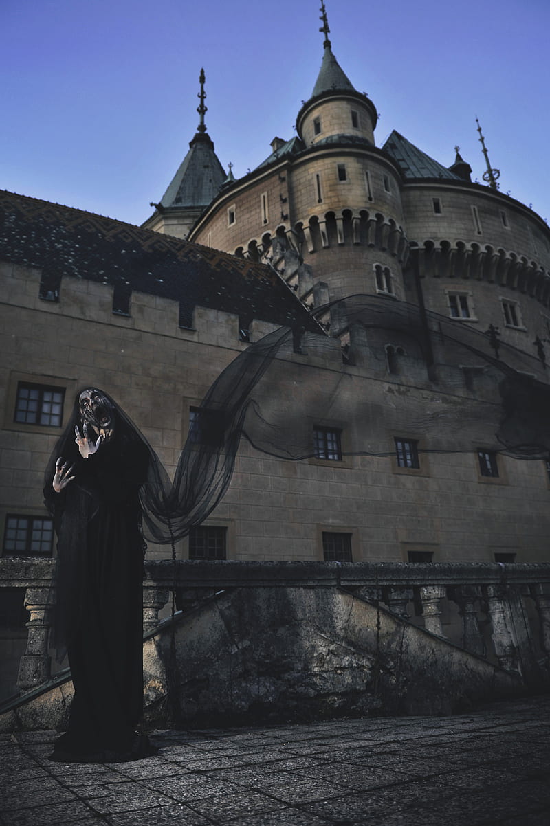 architecture, building, castle, Slovakia, portrait display, women, spooky, black dress, ghost, veils, scarry, evening, tower, HD phone wallpaper