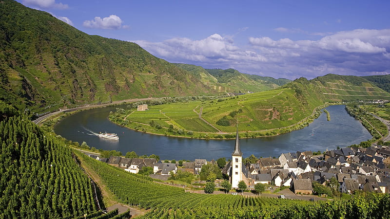 German village., germany, town, vineyard, church, building, mountain, ship, village, river, HD wallpaper