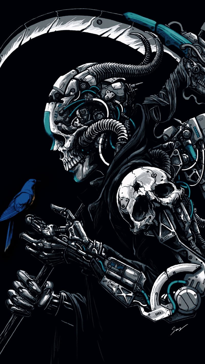 Death machine remix, skulls, skull, bird, grim, reaper, gothic, dark, HD phone wallpaper