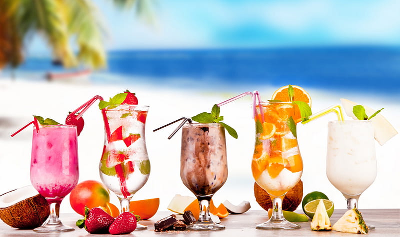 Tropical Cocktails, fruit, beach, juice, paradise, drink, tropical, HD wallpaper