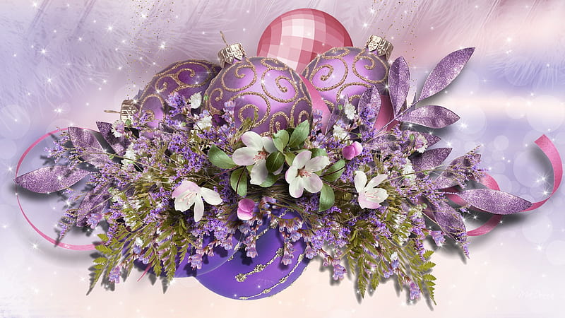 Lavender Pink Christmas, feliz navidad, christmas, holiday, ribbon, firefox persona, xmas, apple blossoms, purple, balls, snow, decorations, flowers, cedar, pink, HD wallpaper