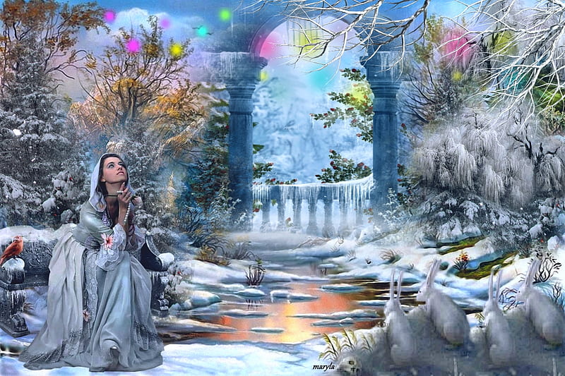 Fantasy winter nature, gate, magical light, magic, roses, trees, lake, winter, fantasy girl, bird, snow, river, icicles, bunnies, star, frost, HD wallpaper
