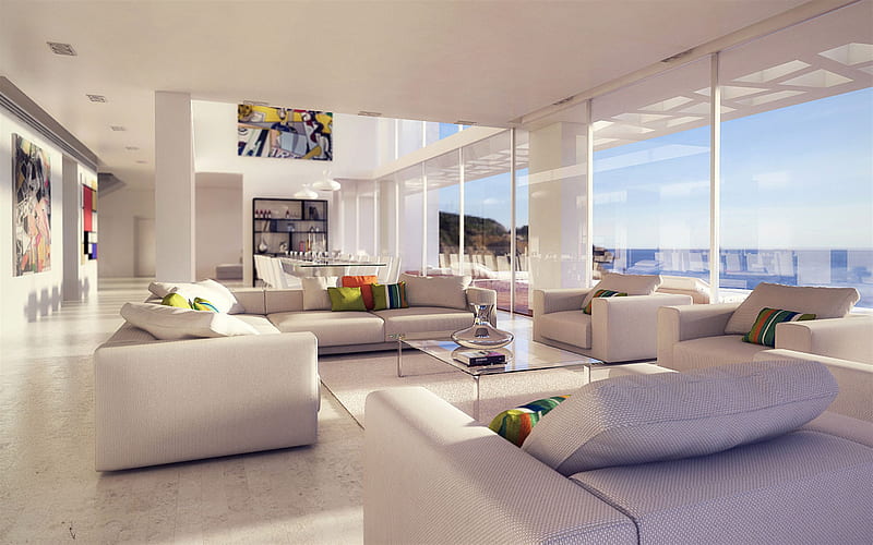 white large living room, modern apartments, white sofas, modern interior design, living room, HD wallpaper