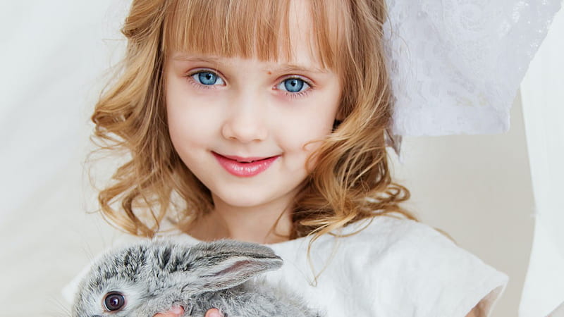 Grey Eyes Blonde Cute Little Girl With Rabbit Is Wearing White Dress Cute, HD wallpaper