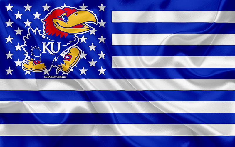 Kansas Jayhawks, American football team, creative American flag, blue and white flag, NCAA, Lawrence, Kansas, USA, Kansas Jayhawks logo, emblem, silk flag, American football, HD wallpaper