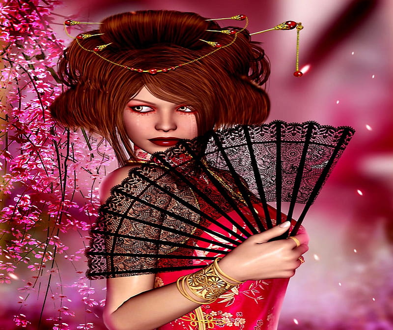 Japanese Costumes Traditional, Japanese, Hand Fan, Red, Woman, Black, HD wallpaper