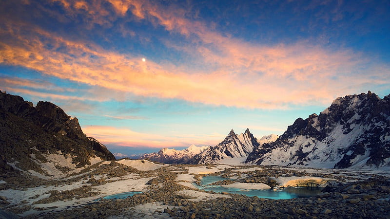 ponds of melting snow high on mountains, rocks, snow, mountains, ponds, clouds, HD wallpaper