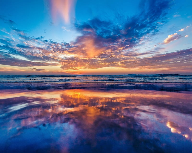 Dramatic Sunset, beach, ocean, nature, sunset, reflection, clouds, sky, HD wallpaper