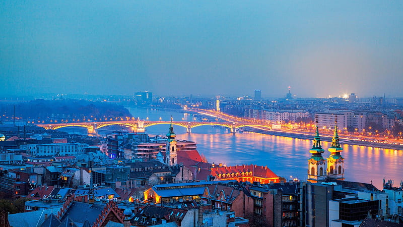 marvelous view of budapest at dusk, city, bridge, view, dusk, river, church, lights, night, HD wallpaper